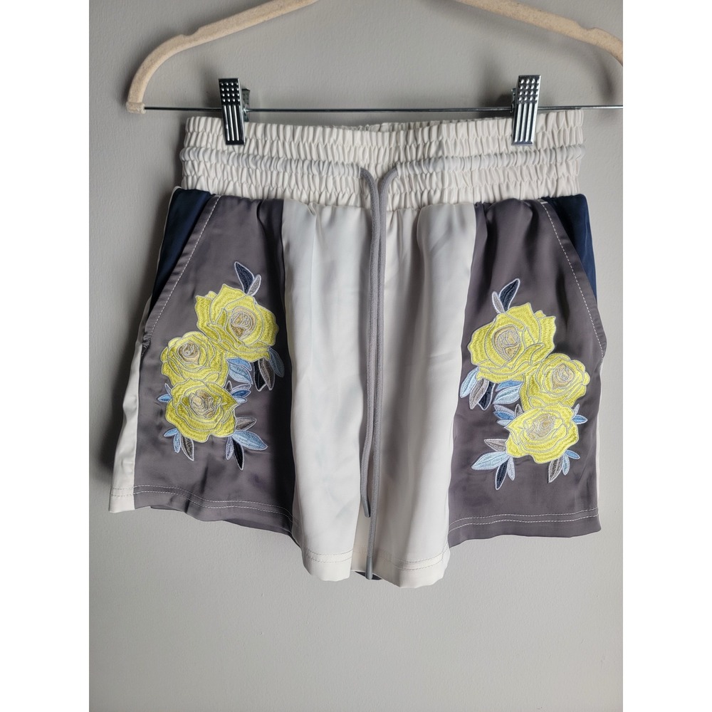 FP Movement Free People Rose Embroidered Shorts Grey White Yellow Floral XS